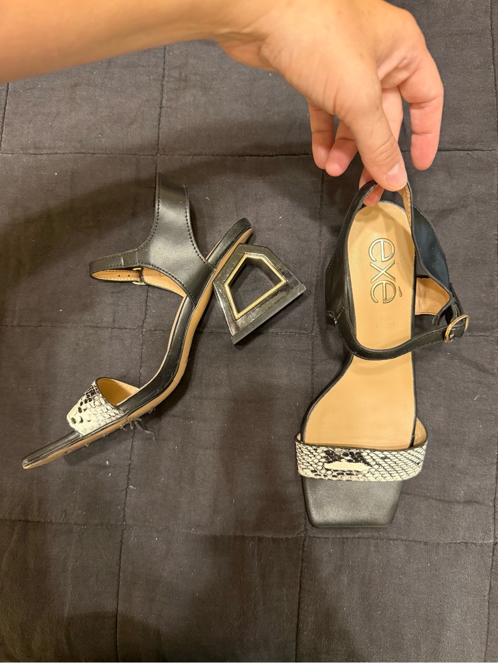 EXE Black Block Heel Sandals with Snake-Print Toe Strap